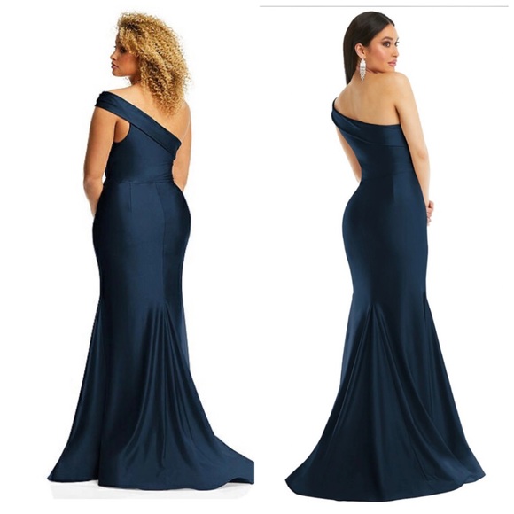 NWT Cynthia & Sahar One-Shoulder Stretch Satin Mermaid Dress Navy XL - Picture 2 of 12